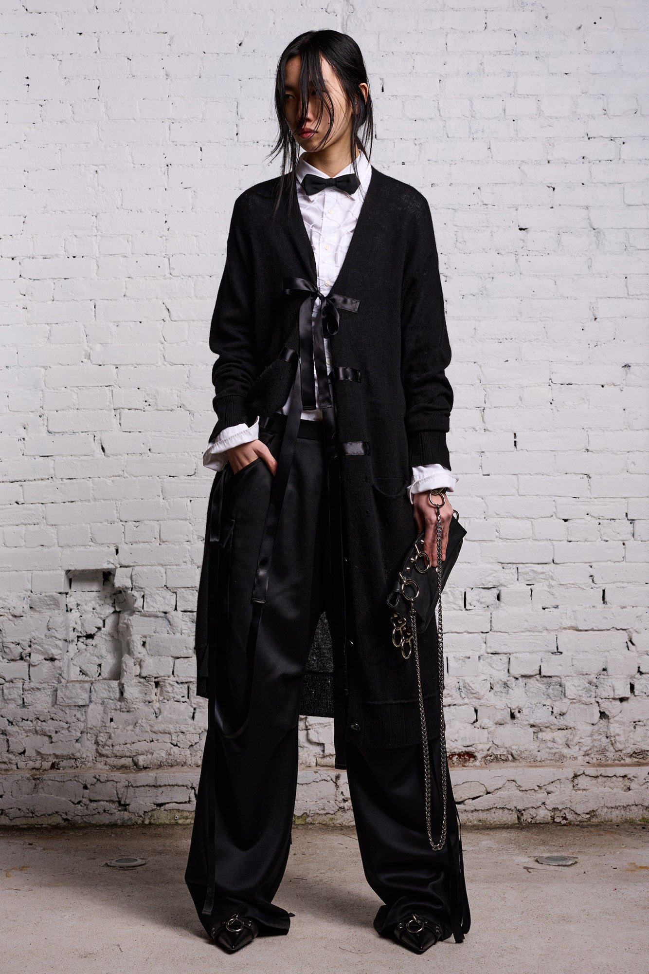 Tape Tie Long Cardigan - Black And Satin - R13