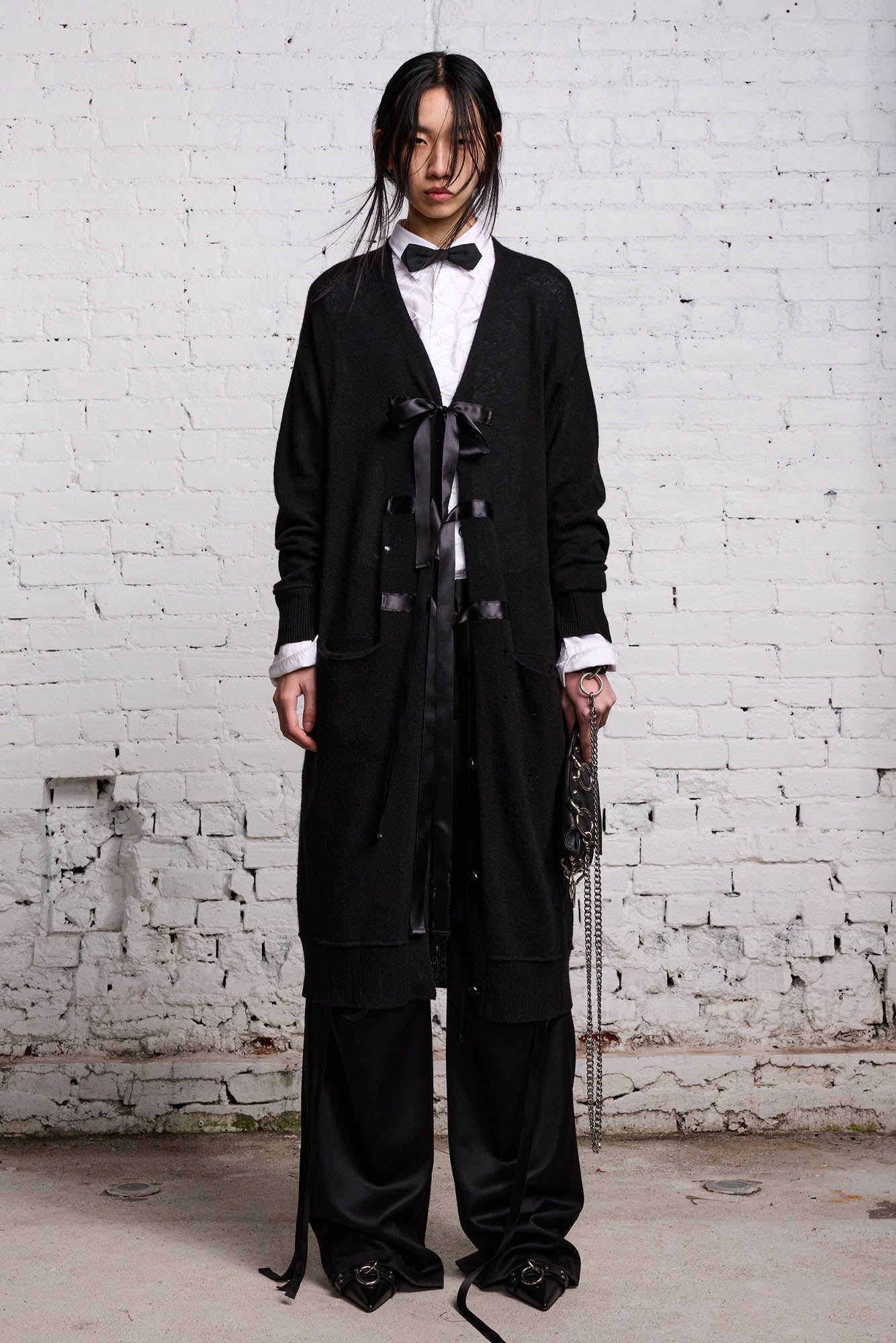 Tape Tie Long Cardigan - Black And Satin - R13